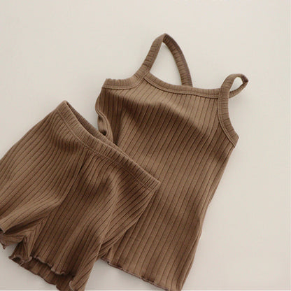 ノースリーブセットアップ Brown / 66cm ベビー キッズ セットアップ バッククロス キャミソール フリル パンツ【mh0000780】