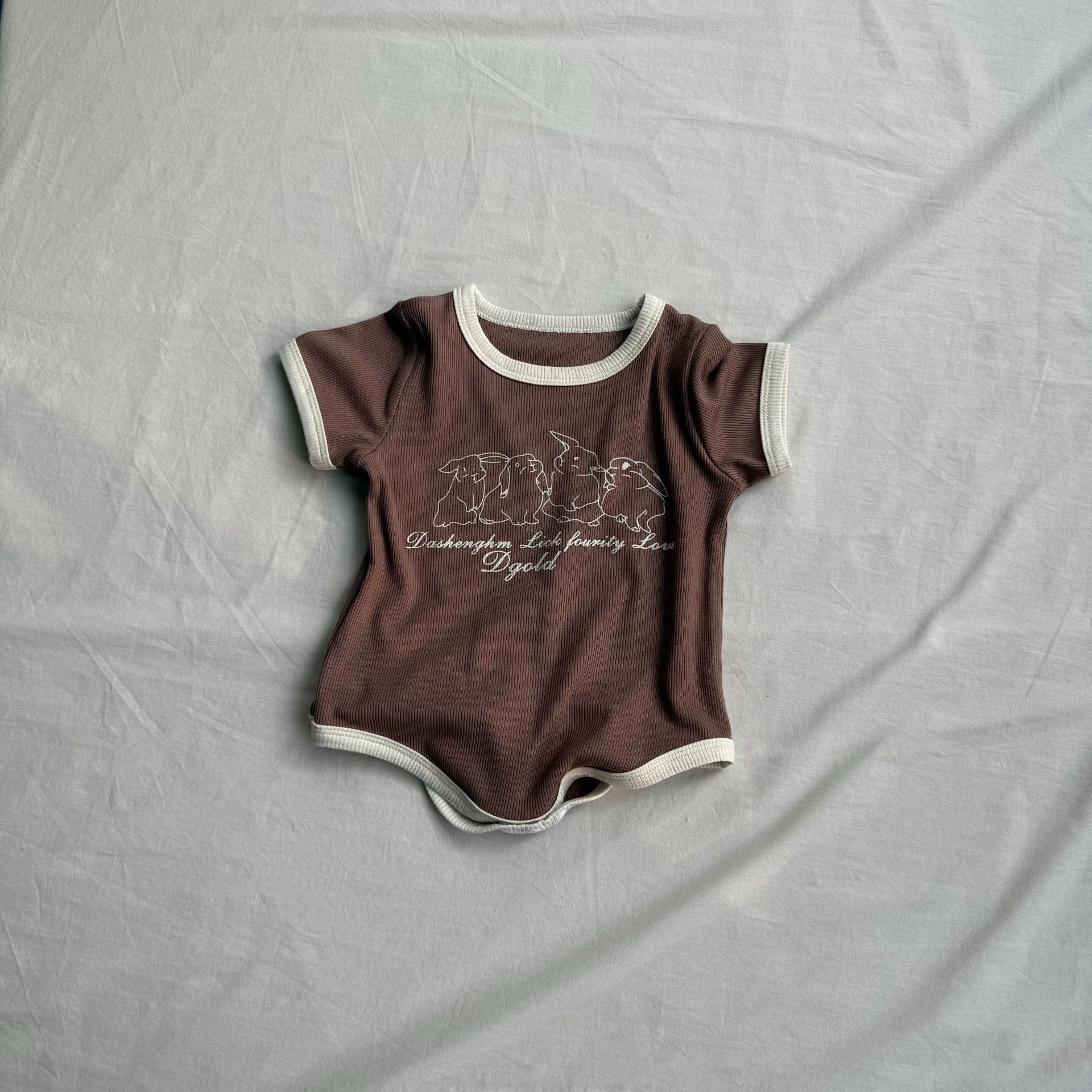 半袖ロンパース Brown / 66cm うさぎラビットプリント半袖ボディスーツロンパース【mh0009424】