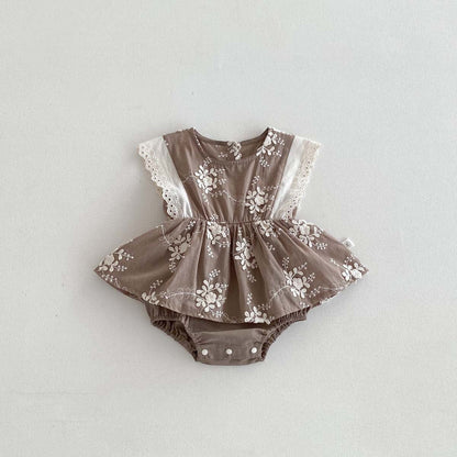 ノースリーブロンパース Brown / 66cm フラワーエンボス刺繍ノースリーブスカートロンパース【mh0010307】