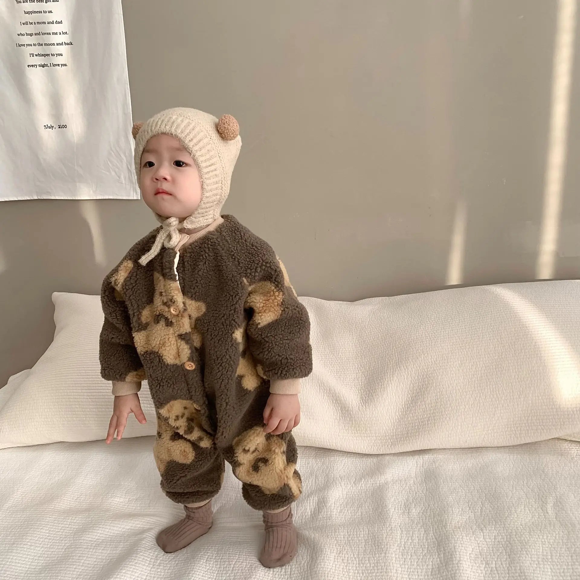 アウタージャンプスーツ Brown / 6M  66CM ベビーアウタージャンプスーツ クマベアプリント ボアフリース長袖ロンパース 2カラー ユニセックス 男の子 女の子 子供服【mh0003332】