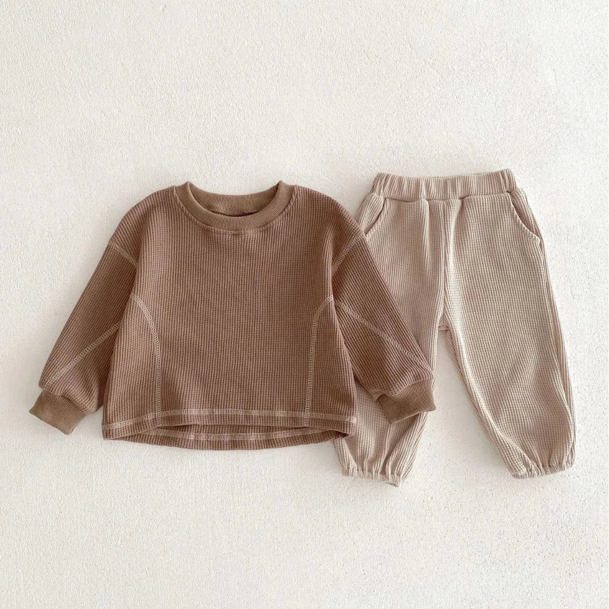 長袖セットアップ brown / 6M  66cm ベビーセットアップ 2点セット ワッフル 長袖Tシャツ ロングパンツ