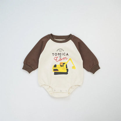 長袖ロンパース Brown / 6M  66CM ベビーロンパース 乗り物車プリントラグランパッチワーク長袖ボディスーツ 3カラー【mh0006963】