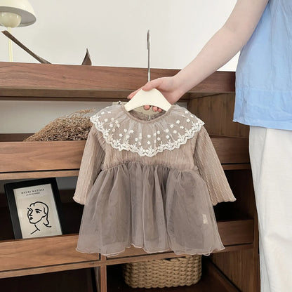 長袖ワンピース Brown / 6M  66CM ベビーワンピース フラワー刺繍レーススカート長袖ドレスワンピース【mh0007760】