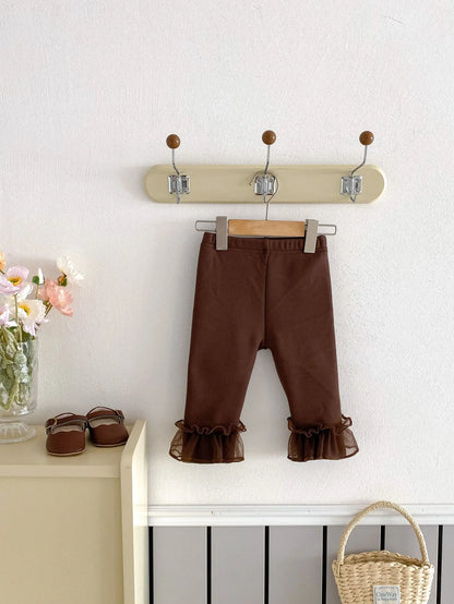 レギンスパンツ Brown / 6M  66CM ベビーパンツ 裾フリルリボン裏フリースレギンスパンツ【mh0008204】