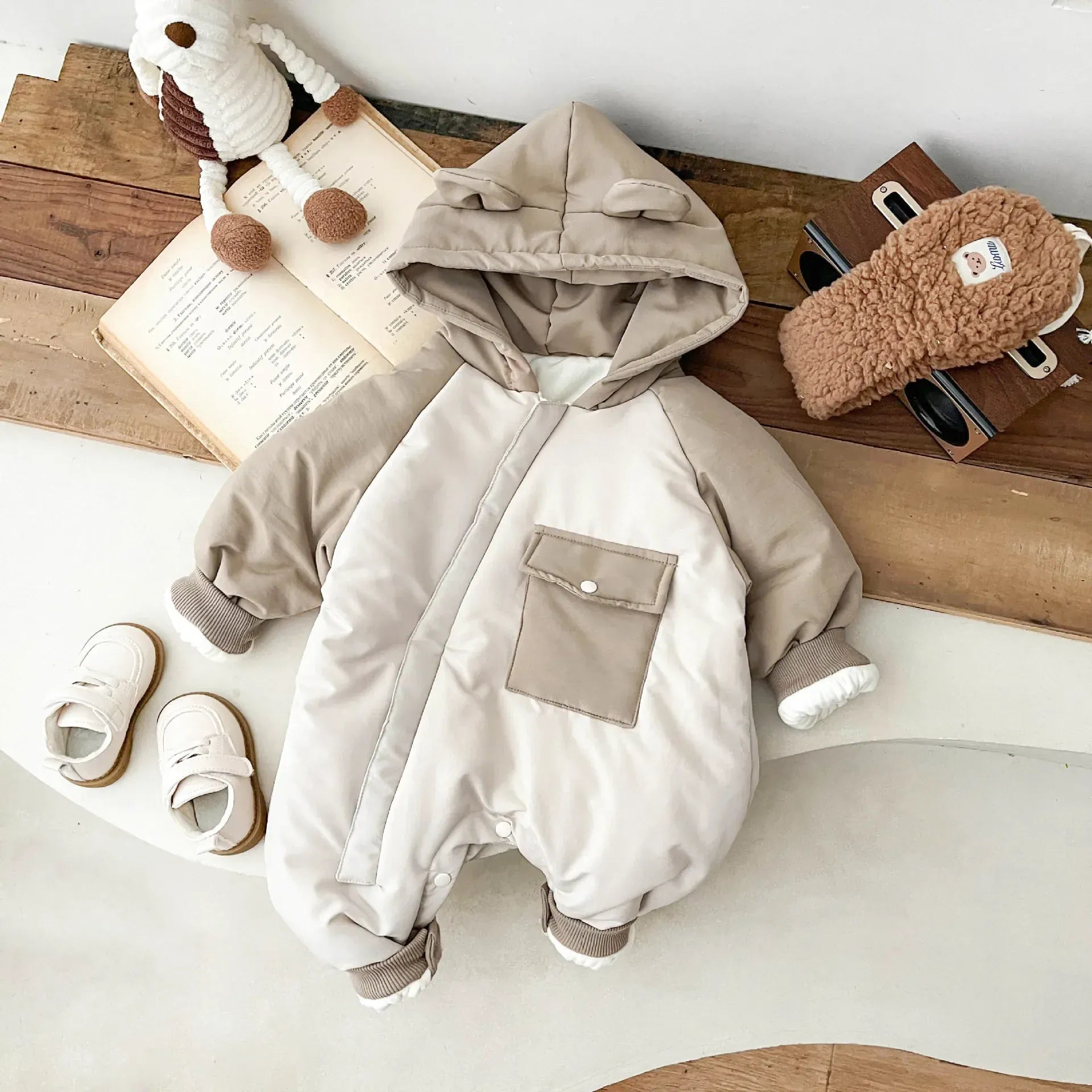 アウタージャンプスーツ Brown / 6M  66CM ベビーアウタージャンプスーツ 耳付きフーディパッチワーク防寒長袖ロンパース【mh0008381】
