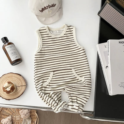 ノースリーブロンパース Brown / 6M  66CM ベビーロンパース ボーダーノースリーブジャンプスーツ【mh0008701】