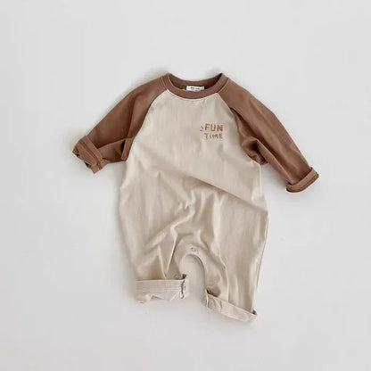 長袖ロンパース Brown / 6M  66CM ベビーロンパース パッチワークラグランスリーブ長袖ジャンプスーツ【mh0008839】