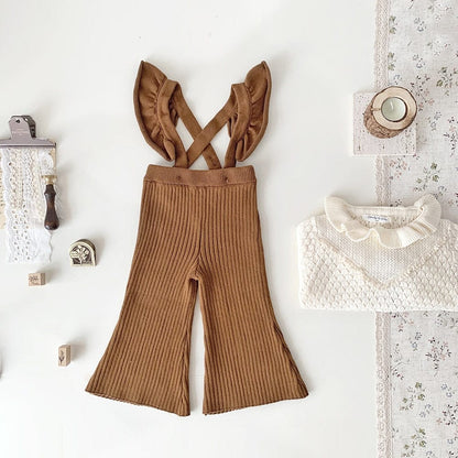サロペットパンツ・サスペンダーパンツ brown / 73cm ベビー キッズ サスペンダーパンツ ニット フリルショルダー サロペットパンツ ワイド フレアパンツ ベージュ ブラウン 2カラー ガールズ 女の子 子供服