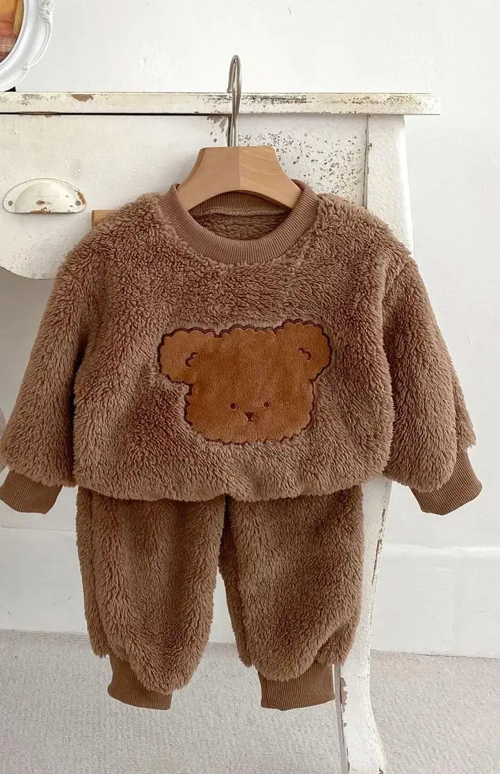 長袖セットアップ brown / 73cm ベビーセットアップ 2点セット フリーススウェット クマベア刺繍 トップス パンツ ホワイト ブラウン 2カラー ユニセックス 男の子 女の子 子供服