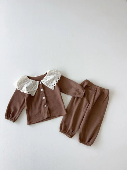 長袖セットアップ Brown / 73cm ベビーキッズセットアップ 2点セット ワッフルレースビッグ襟長袖シャツ+ロングパンツ 2カラー【mh0007326】