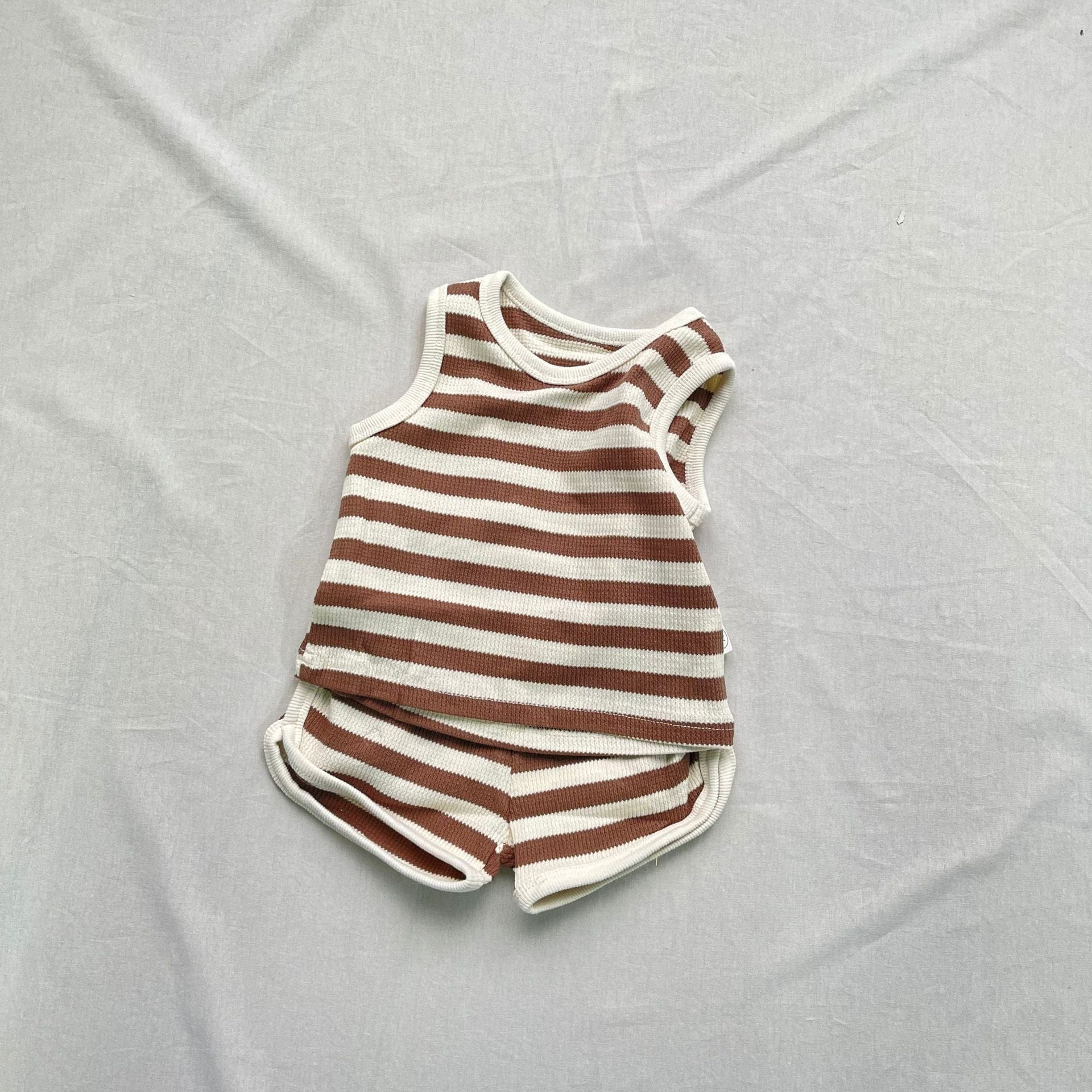 ノースリーブセットアップ Brown / 73cm ボーダータンクトップショートパンツセットアップ 2点セット【mh0009423】