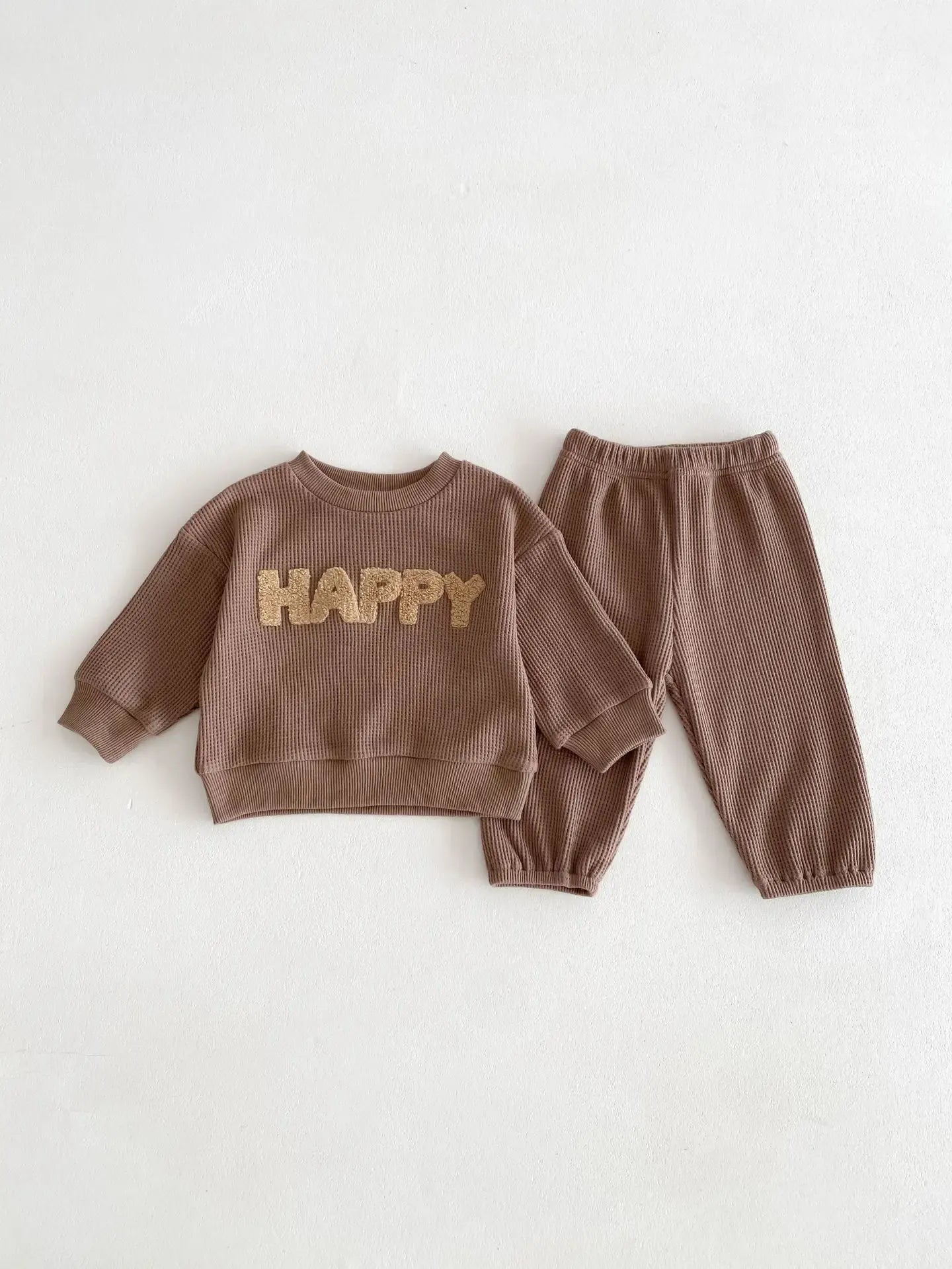 長袖セットアップ brown / 73cm ベビーセットアップ 2点セット ワッフル 長袖Tシャツ ロングパンツ 3カラー