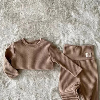 長袖パジャマ brown / 73cm ベビーセットアップ 2点セット 長袖パジャマ ルームウェア 長袖Tシャツ パンツ 3カラー ユニセックス 男の子 女の子 子供服