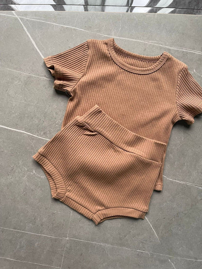 半袖セットアップ brown / 73cm ベビーセットアップ 2点セット 半袖Tシャツ+ハイウェストブルマパンツ【mh0009172】