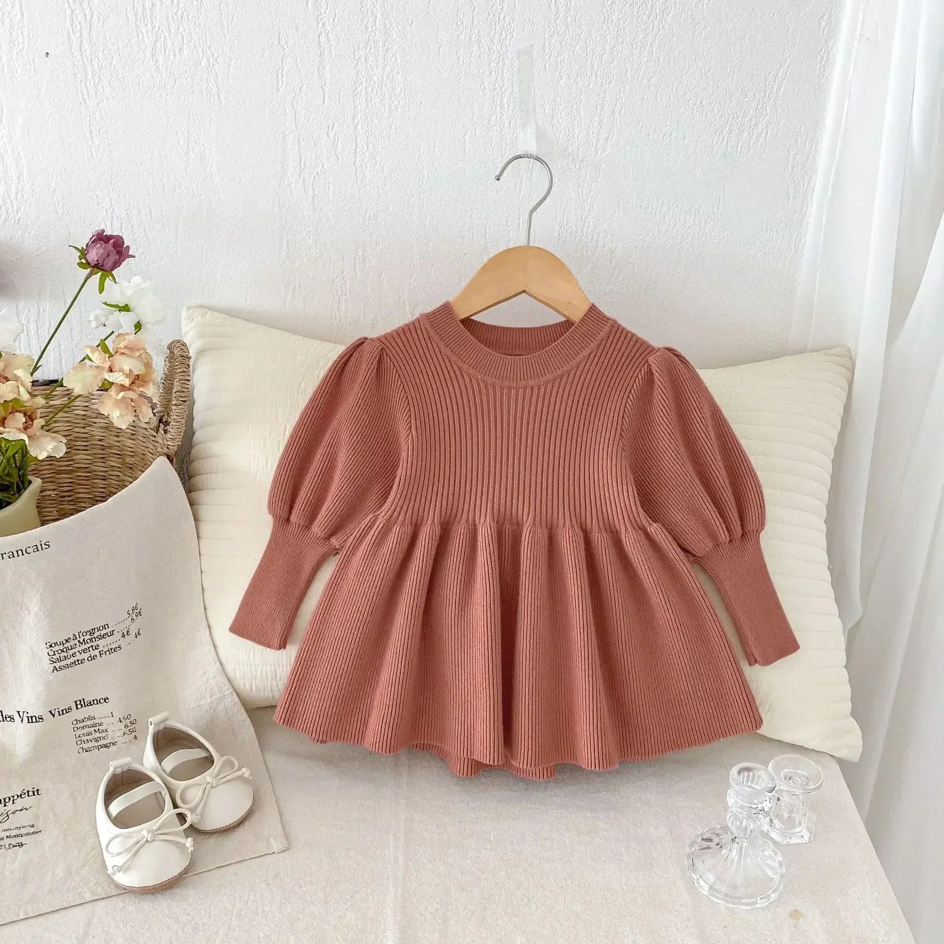 長袖ワンピース Brown / 73cm 6-9M ベビーキッズワンピース 長袖パフスリーブニットドレスミニワンピース 4カラー【mh0007291】