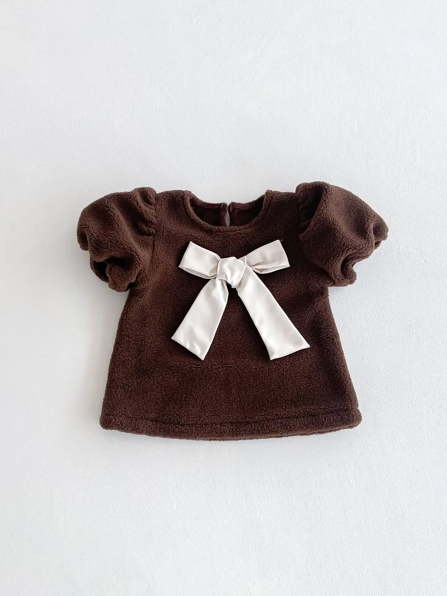 半袖ワンピース Brown / 73cm 6-9M ベビーキッズワンピース ビッグリボンフリース厚手半袖パフスリーブワンピース【mh0007666】
