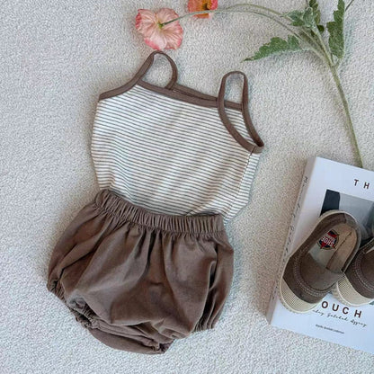 ノースリーブセットアップ Brown / 73cm striped suspenders t shorts suit【mh0009523】