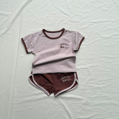 半袖セットアップ Brown / 73cm ロゴワンポイント半袖Tシャツ+ショートパンツスポーツセットアップ 2点セット【mh0010011】