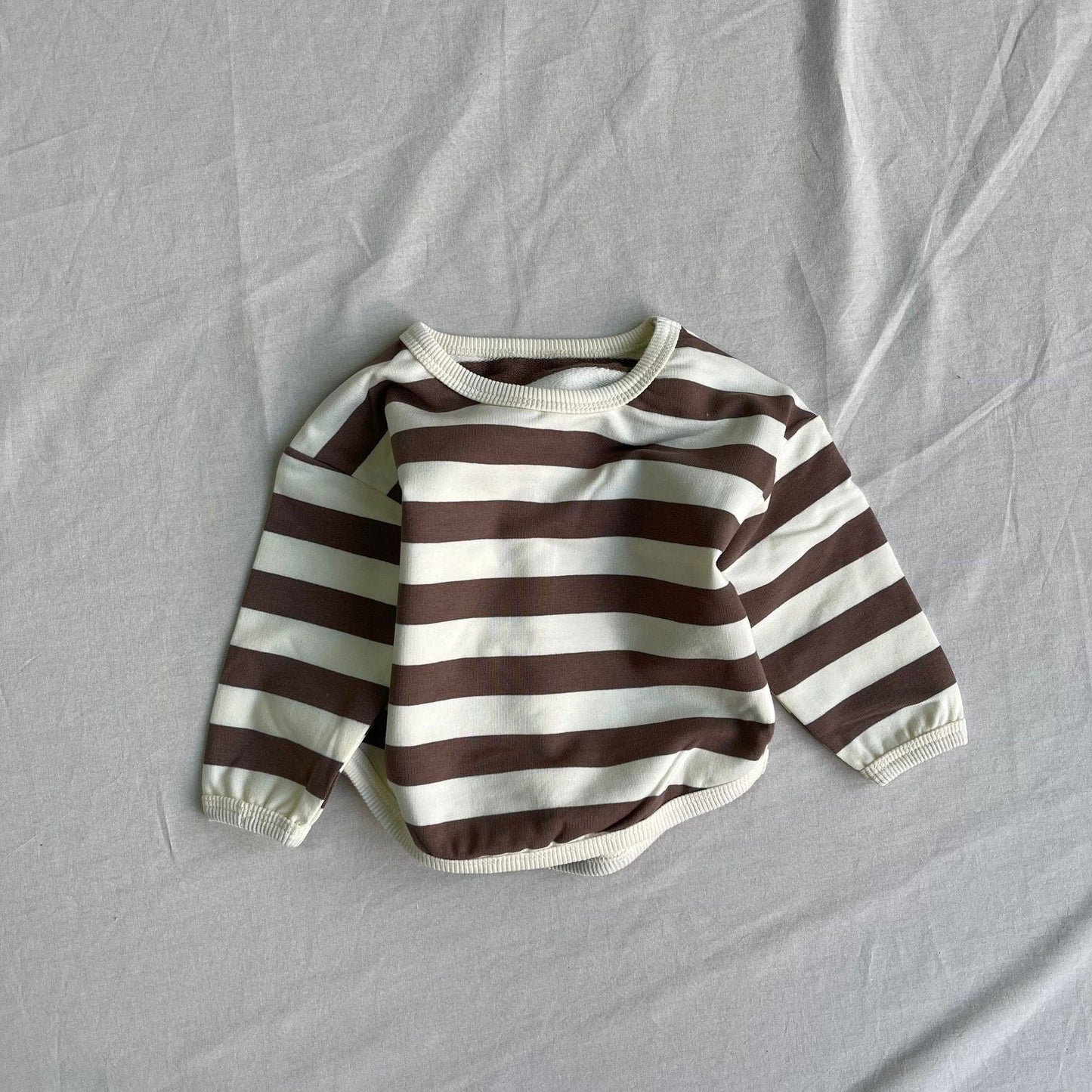 長袖セットアップ Brown / 73cm ベビートップス/オーバーオール ボーダー長袖Tシャツ/デニムサスペンダーパンツ【mh0009105】