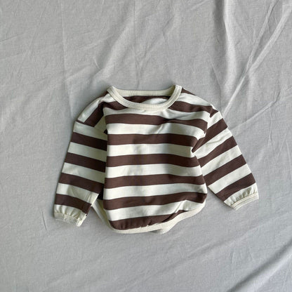 長袖セットアップ Brown / 73cm ベビートップス/オーバーオール ボーダー長袖Tシャツ/デニムサスペンダーパンツ【mh0009105】