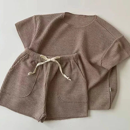 半袖セットアップ Brown / 80CM  12M ☺︎ キッズセットアップ 2点セット 半袖Tシャツ+ショートパンツ シンプルベーシック