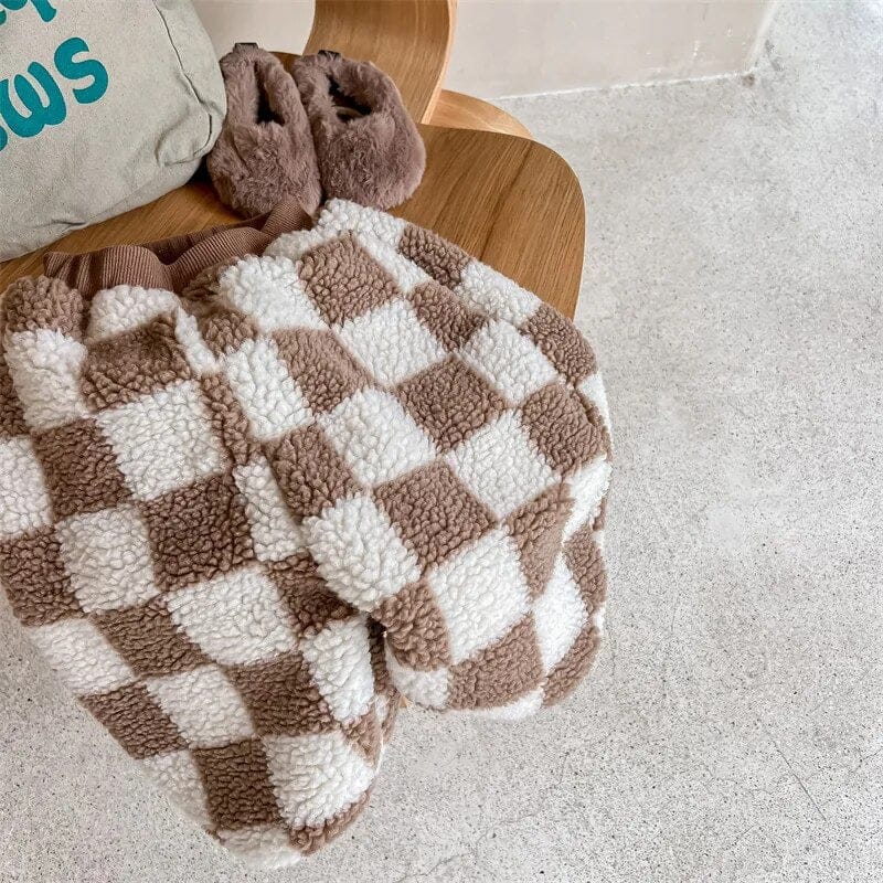 ロングパンツ・スウェットパンツ brown / 80cm キッズパンツ チェッカー チェック ボアフリース パンツ ブラウン コーヒー 2カラー ユニセックス 男の子 女の子 子供服