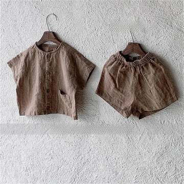 半袖セットアップ Brown / 80cm キッズセットアップ 2点セット 半袖シャツ+ショートパンツ シンプルベーシック 2カラー【mh0006035】