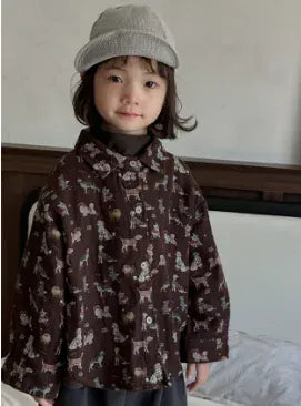 長袖シャツ・ブラウス Brown / 80cm 9-12M キッズトップス 犬ドッグレトロプリント長袖シャツ 3カラー【mh0007543】