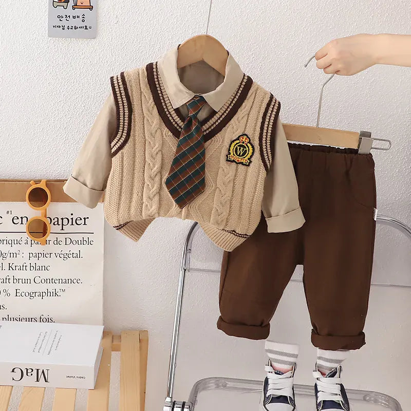 長袖セットアップ Brown / 80cm 9-12M キッズセットアップ 4点セット ネクタイ付き長袖シャツ+ニットベスト+ロングパンツ スクールスタイルプレッピースーツ 2カラー【mh0007551】