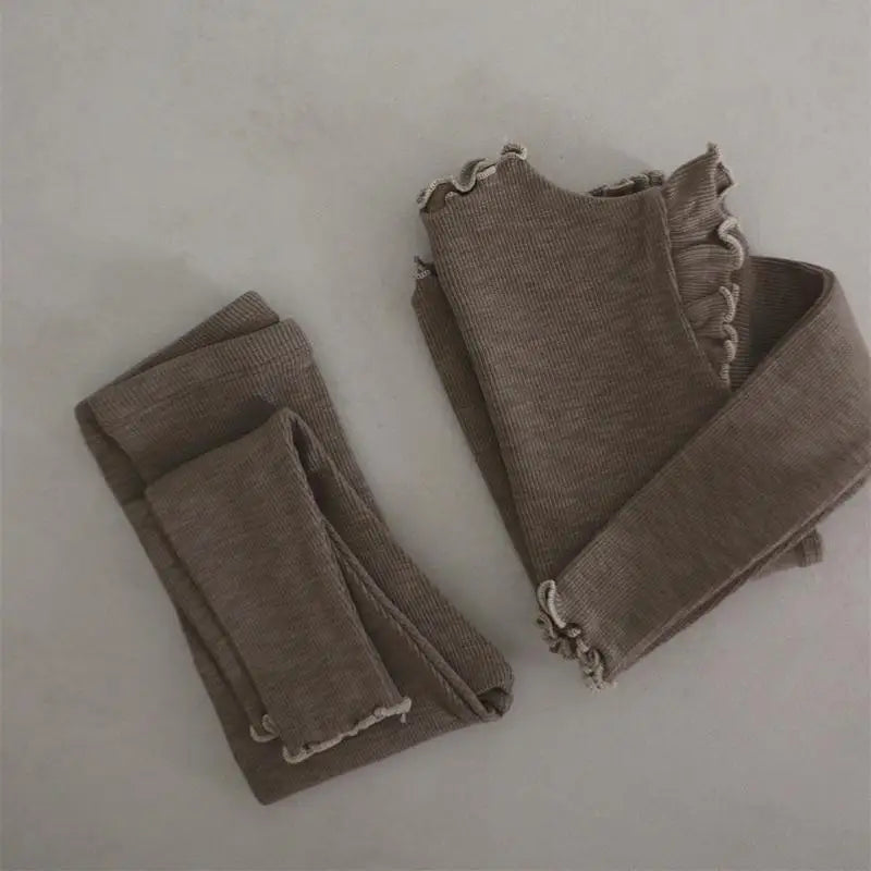 長袖パジャマ Brown / 80cm 9-12M キッズパジャマセット フリル長袖Tシャツ+ロングパンツ ルームウェア 3カラー【mh0007490】