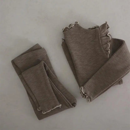 長袖パジャマ Brown / 80cm 9-12M キッズパジャマセット フリル長袖Tシャツ+ロングパンツ ルームウェア 3カラー【mh0007490】