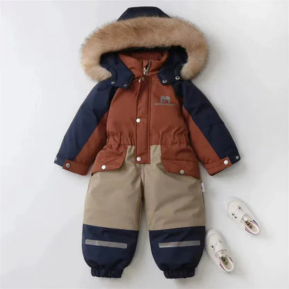 アウタージャンプスーツ Brown / 90cm キッズスキーウェア パッチワークフーディ防寒ジャンプスーツつなぎ スポーツウェア 3カラー【mh0007611】