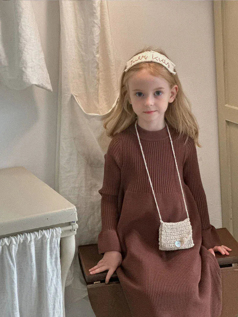 長袖ワンピース Brown / 90cm キッズワンピース レトロシンプルニット長袖ベルスリーブワンピース【mh0007903】