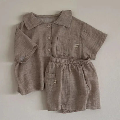 半袖セットアップ Brown / 9M  73CM キッズセットアップ 2点セット 半袖シャツ+ショートパンツ レトロ 無地/チェック 2カラー【mh0005461】