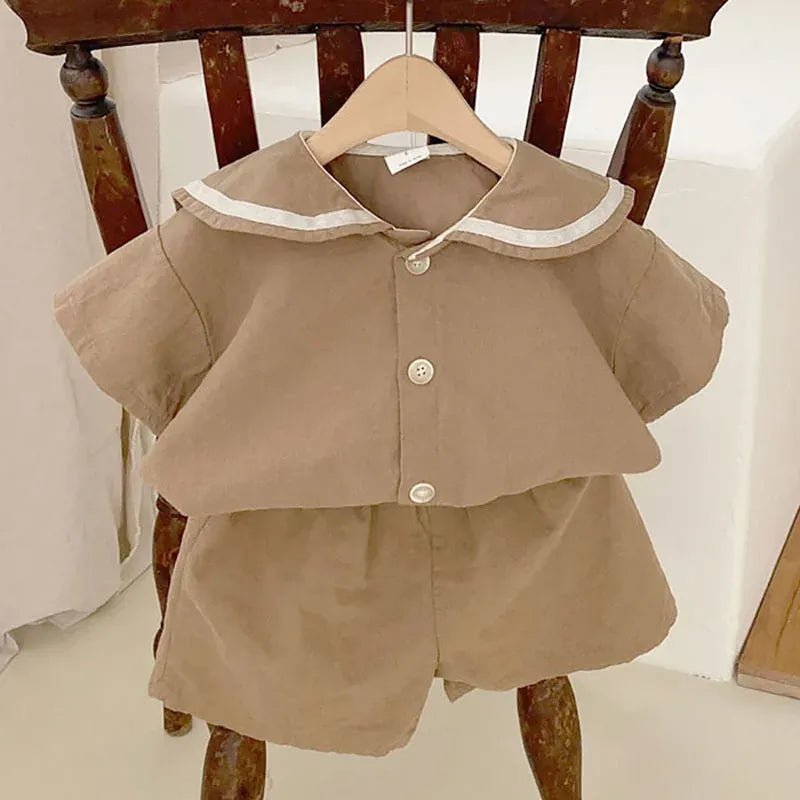 半袖セットアップ Brown / 9M  73CM ベビーキッズセットアップ 2点セット セーラーカラー半袖シャツ+ショートパンツ 3カラー【mh0004768】