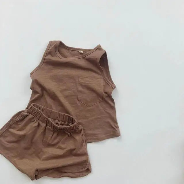 ノースリーブセットアップ Brown / 9M 73cm キッズセットアップ 2点セット タンクトップ+ショートパンツ シンプルベーシック 4カラー【mh0004518】