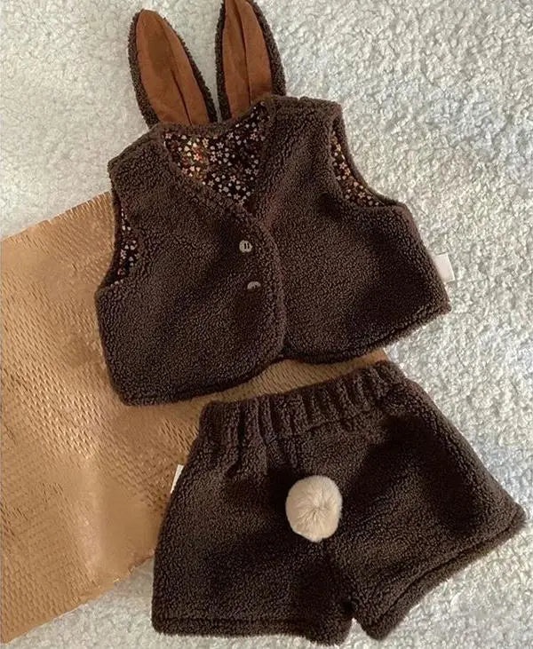 ノースリーブセットアップ Brown / 9M  73CM ベビーセットアップ 2点セット うさ耳付きボアフリース前あきベスト+しっぽ付きショートパンツ【mh0008135】
