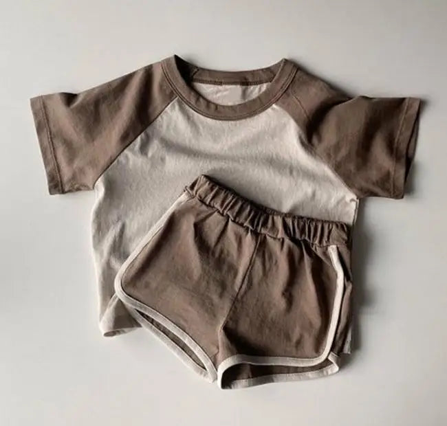 半袖セットアップ brown / 9M  73cm キッズセットアップ 2点セット パッチワーク カラフル 半袖Tシャツ+ショートパンツ ユニセックス