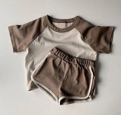 半袖セットアップ brown / 9M  73cm キッズセットアップ 2点セット パッチワーク カラフル 半袖Tシャツ+ショートパンツ ユニセックス