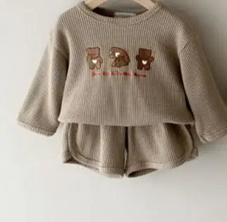 長袖セットアップ brown / 9M  73cm ベビーセットアップ 2点セット ワッフル 長袖Tシャツ+ショートパンツ ベアくまプリント 2カラー