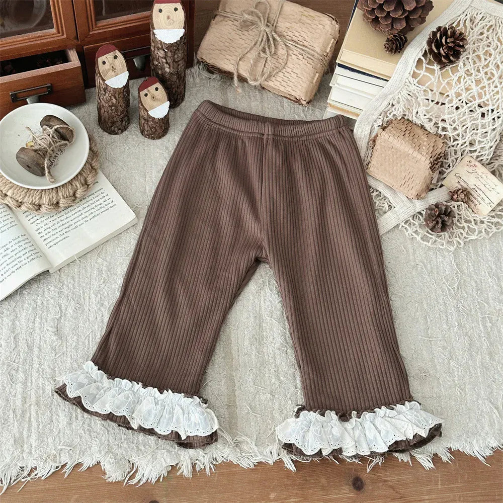レギンスパンツ Brown / 9M  73CM ベビーパンツ 裾ボリュームレースフリル裏フリースリブレギンスパンツ【mh0007866】
