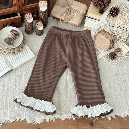 レギンスパンツ Brown / 9M  73CM ベビーパンツ 裾ボリュームレースフリル裏フリースリブレギンスパンツ【mh0007866】