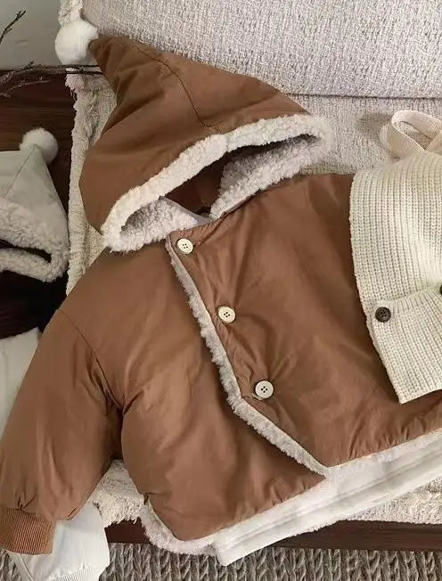 ショートコート・ジャケット・ジャンパー Brown / 9M  73CM ベビーキッズアウター ぽんぽんフーディ裏ボアフリースコートジャケット【mh0008271】