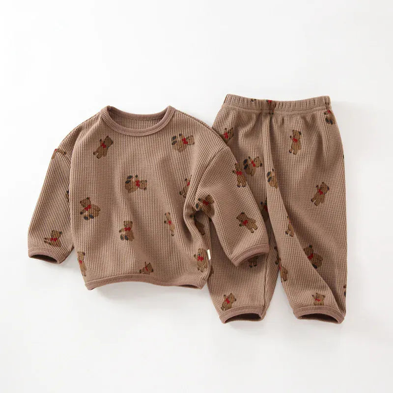 長袖パジャマ brown / 9M 73CM ベビーパジャマセット ワッフル 長袖Tシャツ+ロングパンツ ベアくまプリント 3カラー