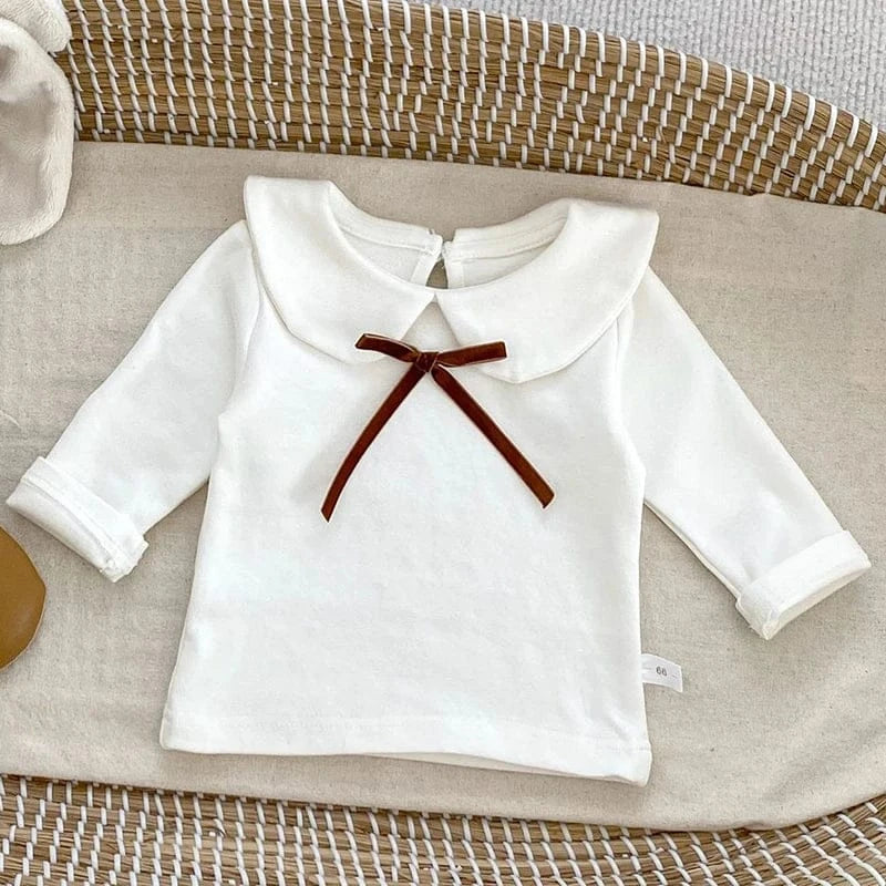 長袖セットアップ brown blouse / 6M 66cm ベビートップス/ブルマ リボン丸襟長袖Tシャツブラウス/フリルレースブルマパンツ 2カラー【mh0007186】