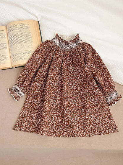 長袖ロンパース brown dress / 66cm 0-6m ベビーロンパース/キッズワンピース スタンドフリルカラー 花柄フラワープリント お出かけ リンクコーデ 姉妹お揃いコーデ 2カラー