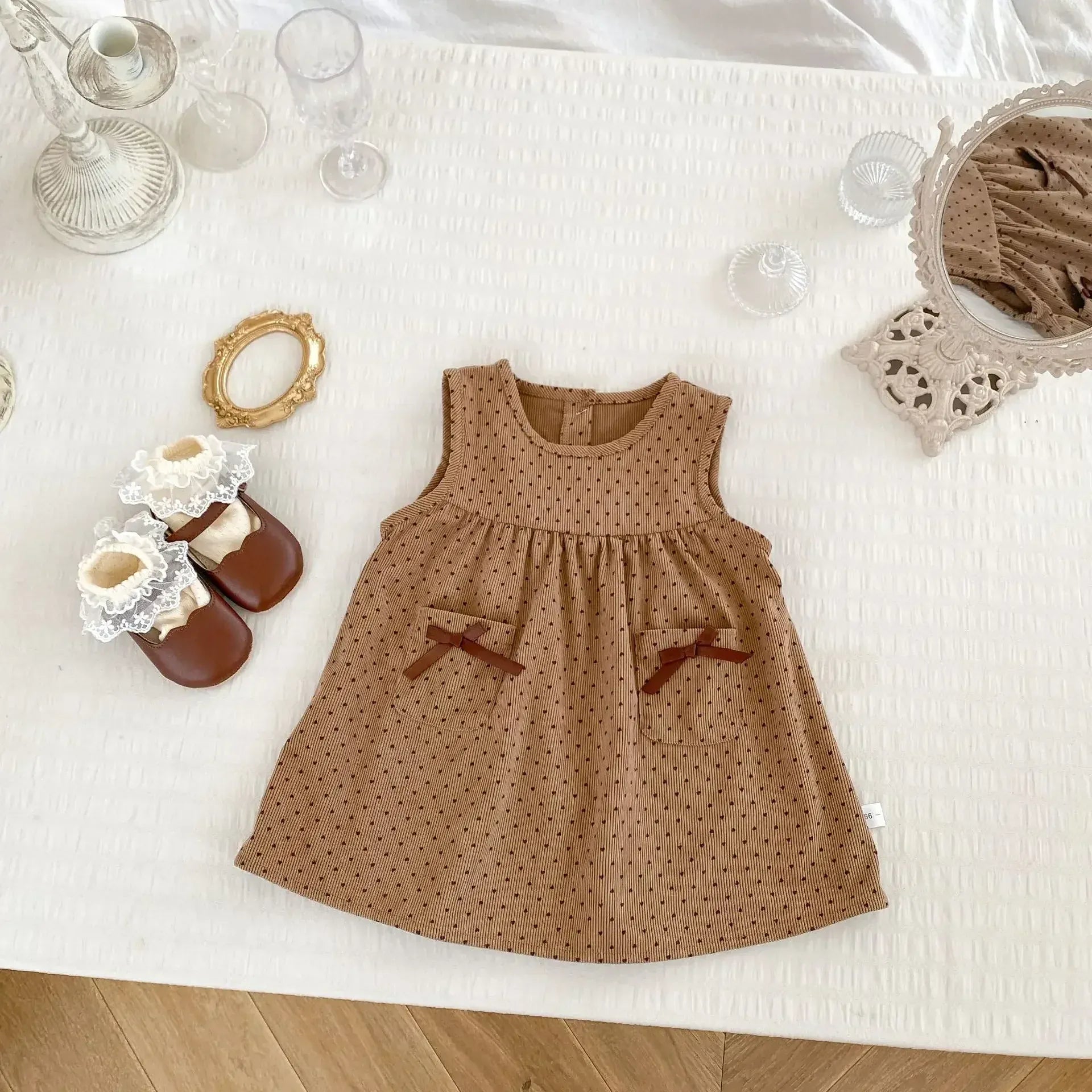 長袖セットアップ brown dress / 73cm 6-9M ベビーキッズトップス/ワンピース ショルダーフリル長袖Tシャツ/水玉ドットプリントノースリーブジャンパースカート 2カラー【mh0007158】