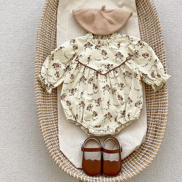 長袖ロンパース brown flowers / 66cm ベビー 花柄 フラワー スタンド フリルカラー 長袖 ロンパース ブラウン グレー ガールズ 6995