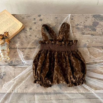 長袖セットアップ brown pant / 66cm 0-6m ベビートップス/パンツ スタンドフリルカラーリボン長袖チュニックブラウス/コーデュロイサスペンダーバルーンサロペットパンツ【mh0007463】