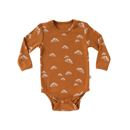 ロンパースセットアップ Brown-red Bodysuit / 66cm クロワッサン/バードプリント長袖ボディスーツ/ロングパンツ【mh0010737】